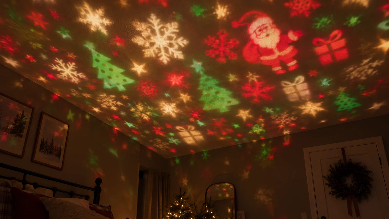 Festive patterns illuminating a bedroom ceiling