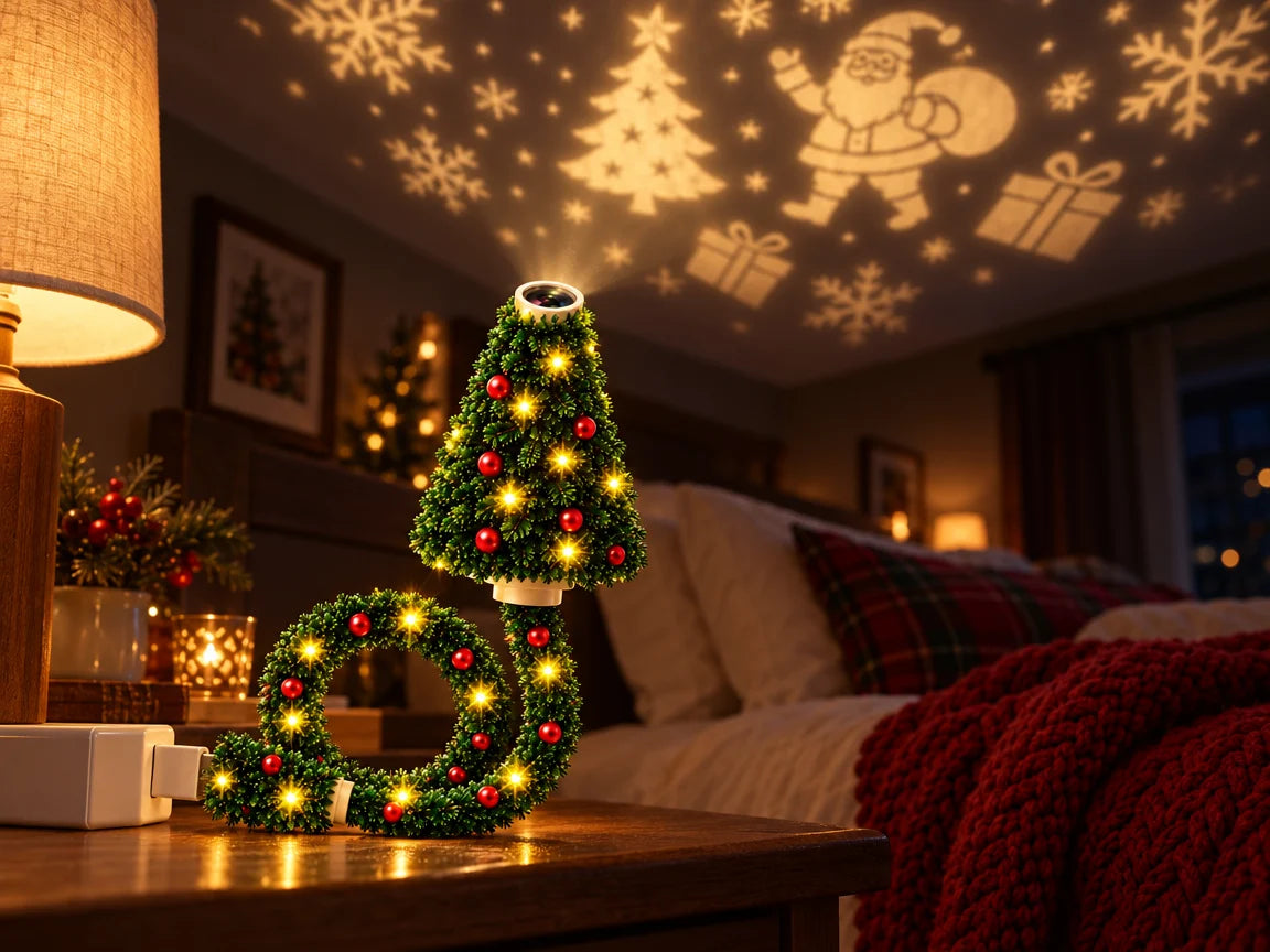 Christmas tree projector on a bedside table with festive ceiling projections